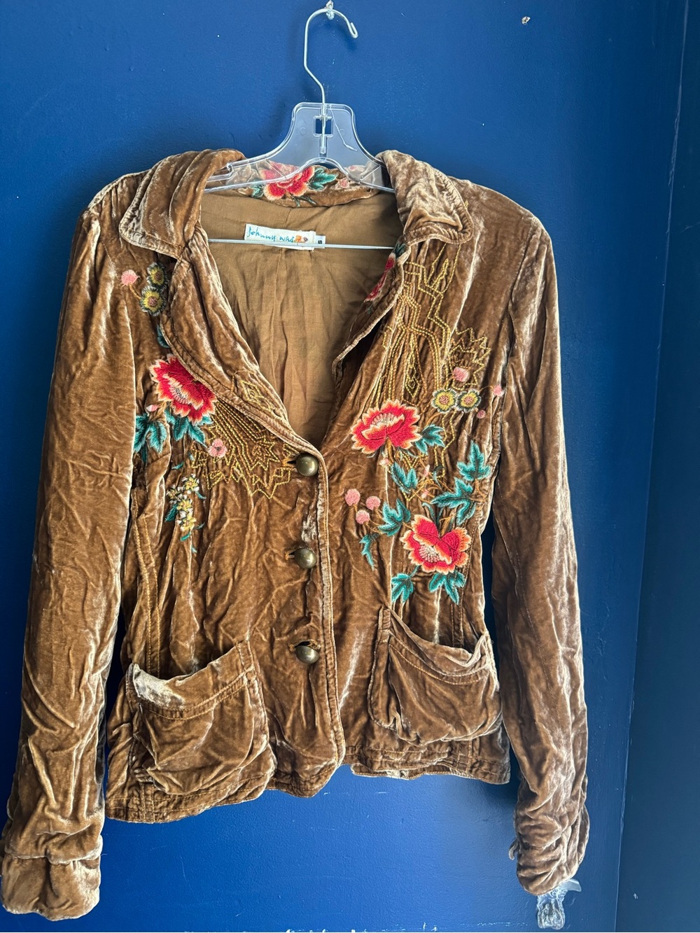Johnny Was Brown Velvet Blazer with Red & Teal Floral Embroidery
